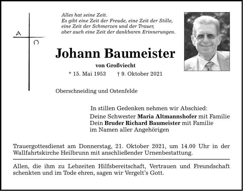 Traueranzeige Johann Baumeister