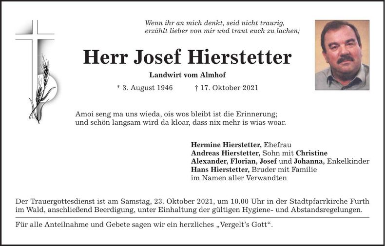 Traueranzeige Josef Hierstetter