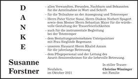 Traueranzeige Susanne Forstner