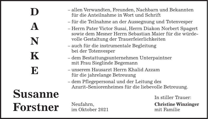 Traueranzeige Susanne Forstner