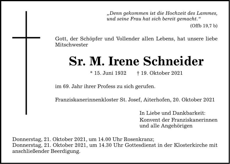 Traueranzeige Sr. M. Irene Schneider