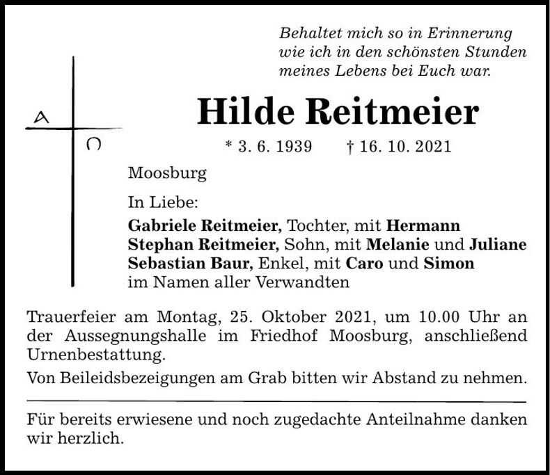 Traueranzeige Hilde Reitmeier