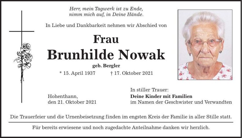 Traueranzeige Brunhilde Nowak