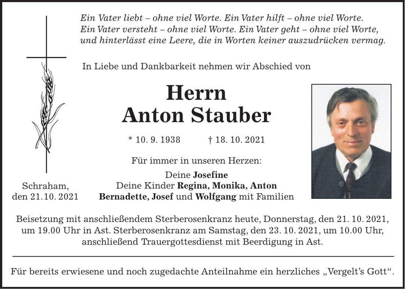 Traueranzeige Anton Stauber