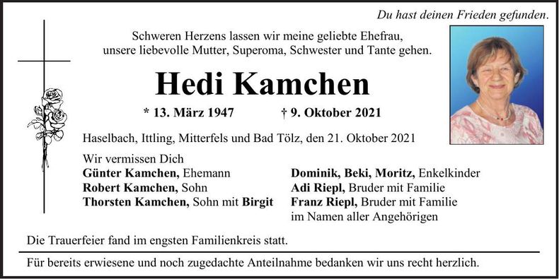Traueranzeige Hedi Kamchen