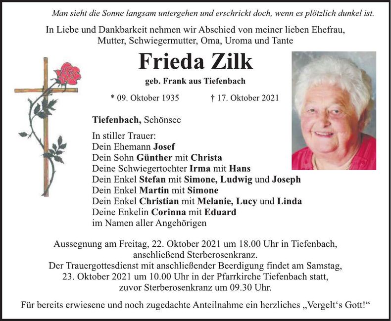 Traueranzeige Frieda Zilk