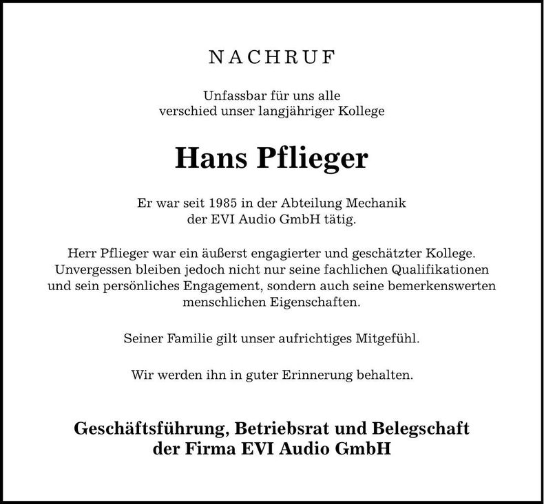 Traueranzeige Hans Pflieger
