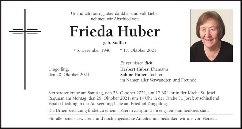 Traueranzeige Frieda Huber