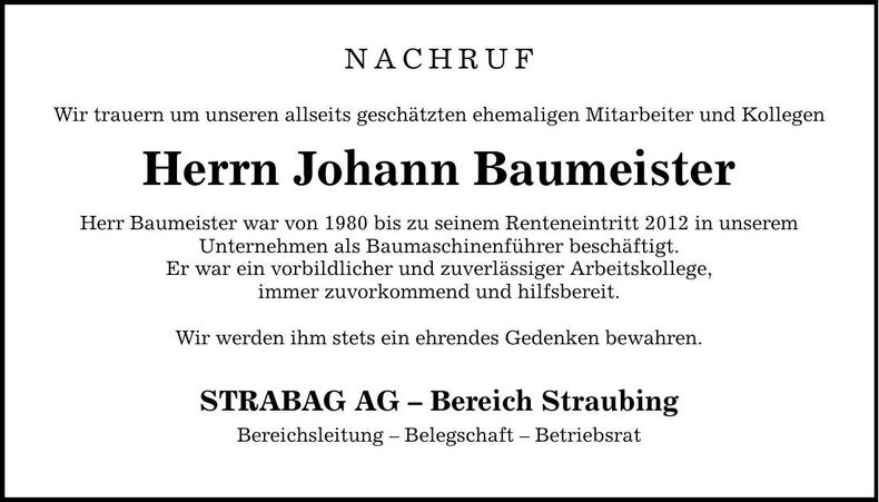 Traueranzeige Johann Baumeister