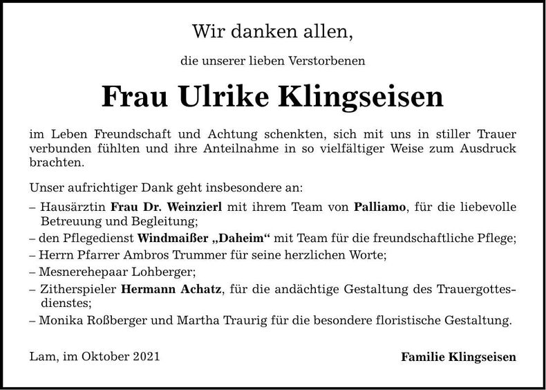 Traueranzeige Ulrike Klingseisen
