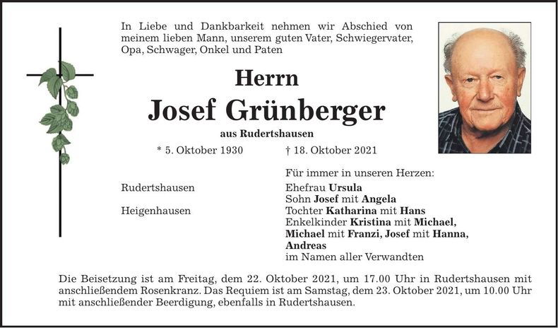 Traueranzeige Josef Grünberger