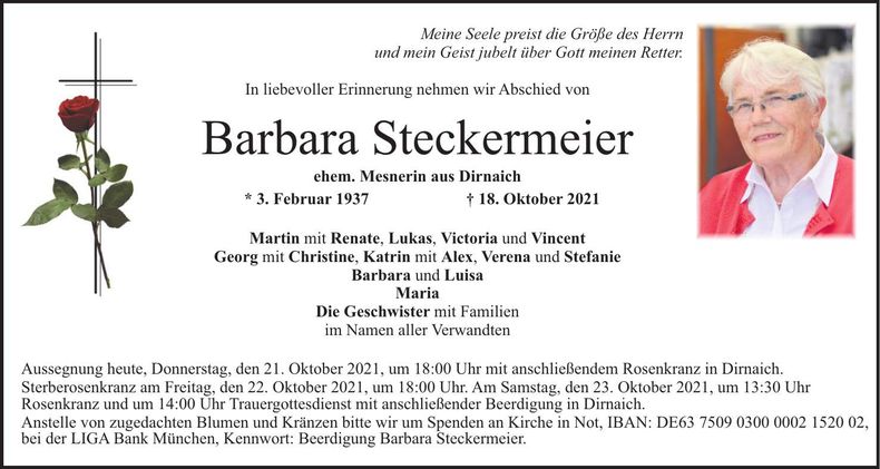 Traueranzeige Barbara Steckermeier
