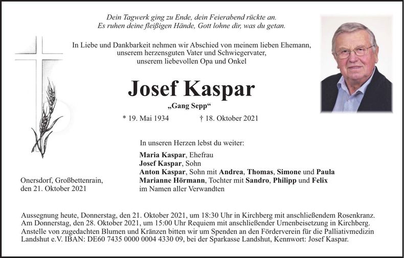 Traueranzeige Josef Kaspar