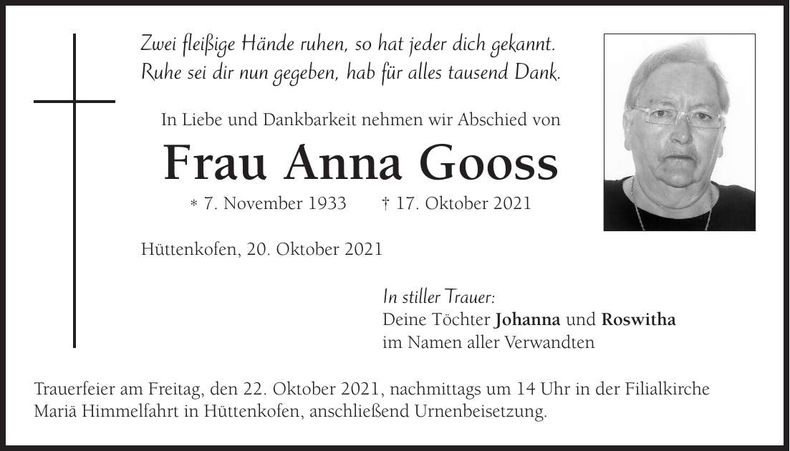 Traueranzeige Anna Gooss