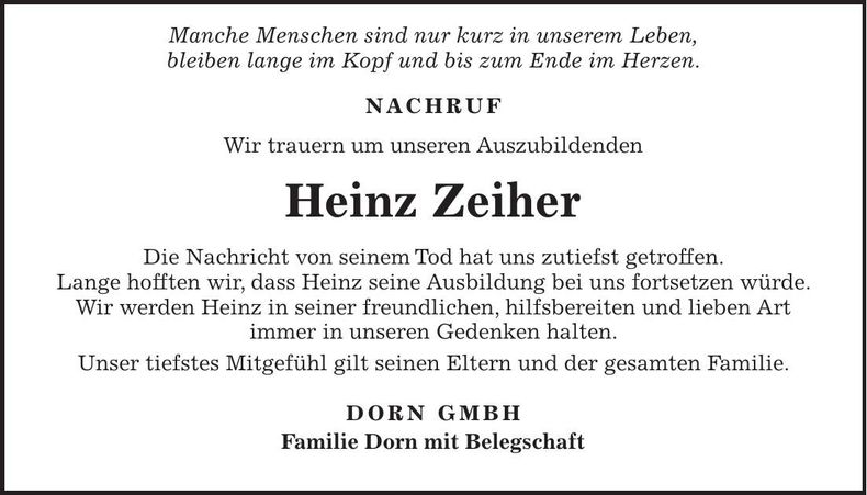 Traueranzeige Heinz Zeiher