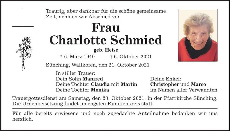 Traueranzeige Charlotte Schmied