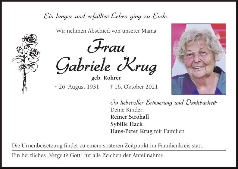 Traueranzeige Gabriele Krug