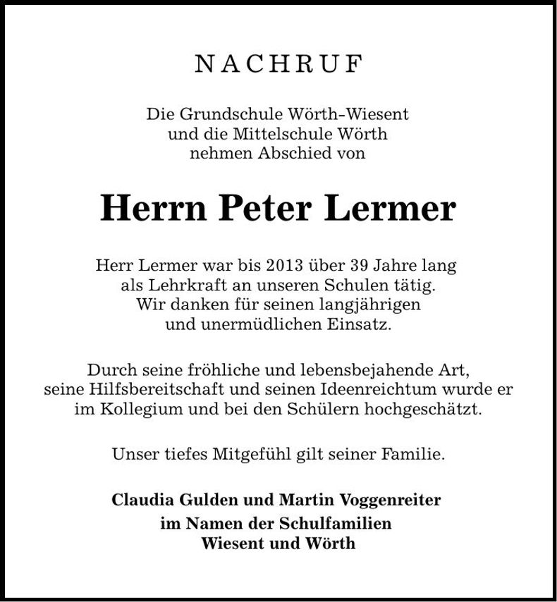 Traueranzeige Peter Lermer