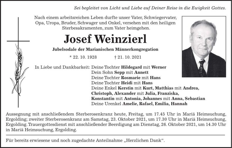 Traueranzeige Josef Weinzierl