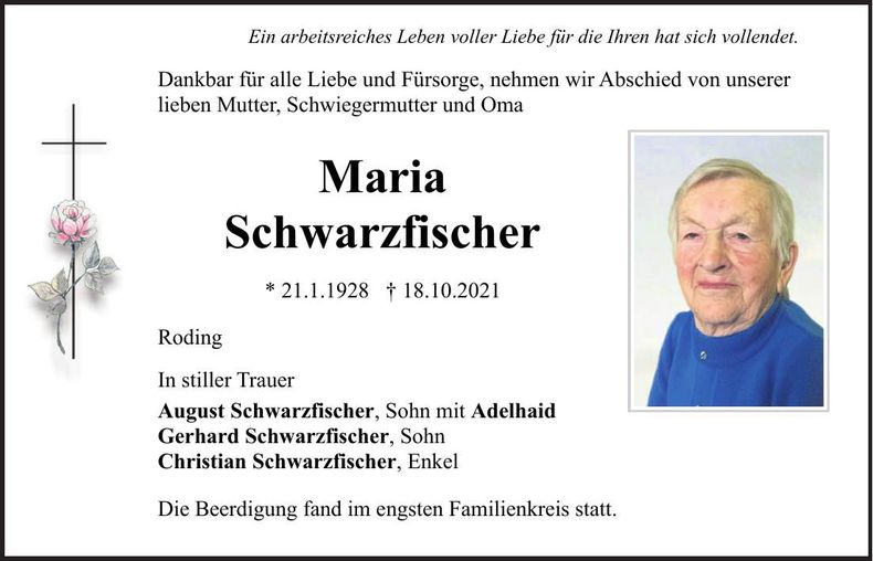 Traueranzeige Maria Schwarzfischer