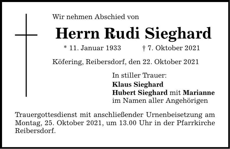 Traueranzeige Rudi Sieghard