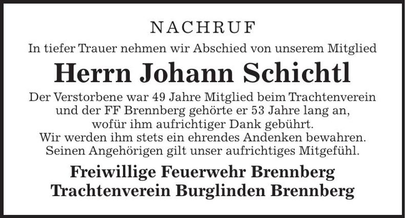 Traueranzeige Johann Schichtl