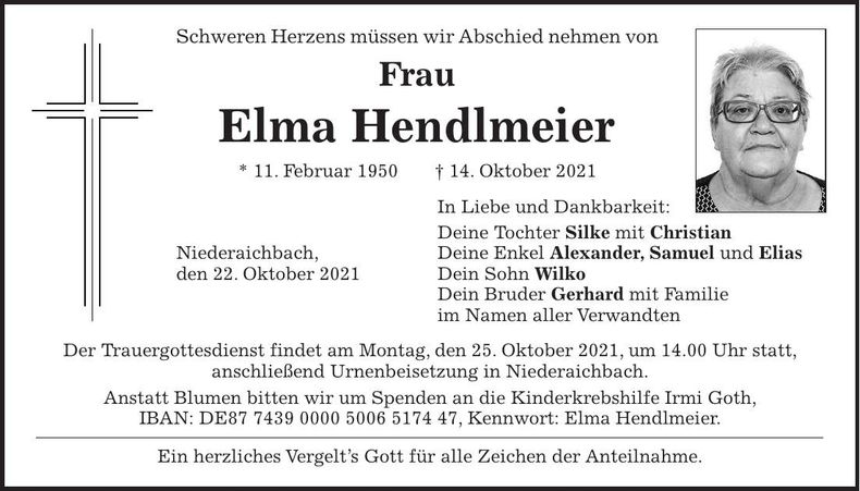 Traueranzeige Elma Hendlmeier