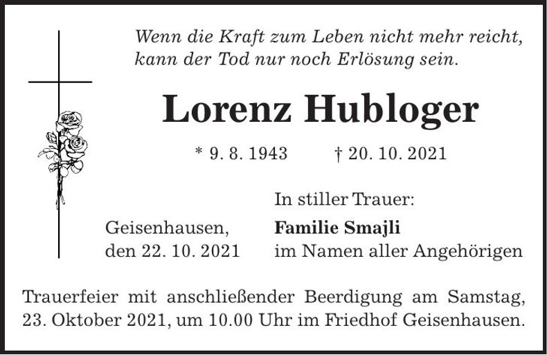 Traueranzeige Lorenz Hubloger