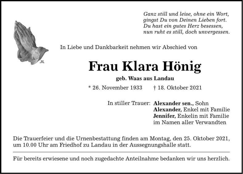 Traueranzeige Klara Hönig