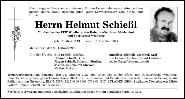 Traueranzeige Helmut Schießl