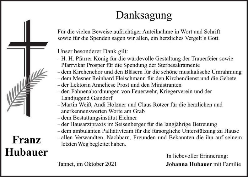 Traueranzeige Franz Hubauer