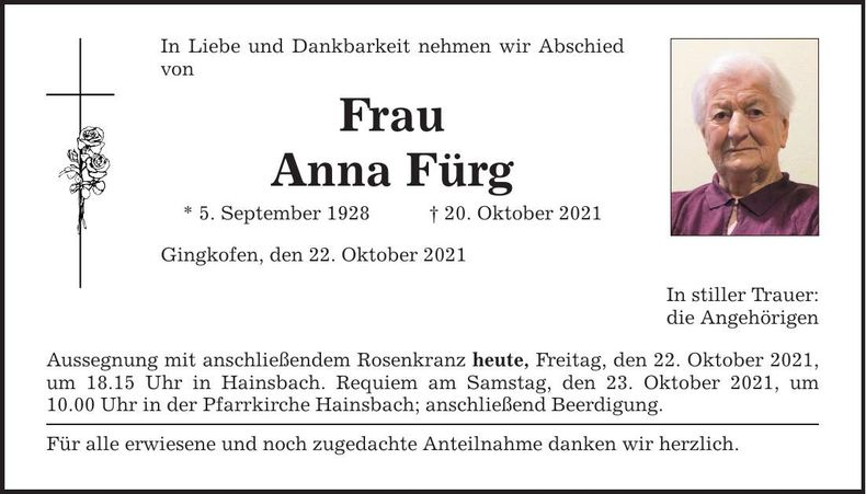 Traueranzeige Anna Fürg