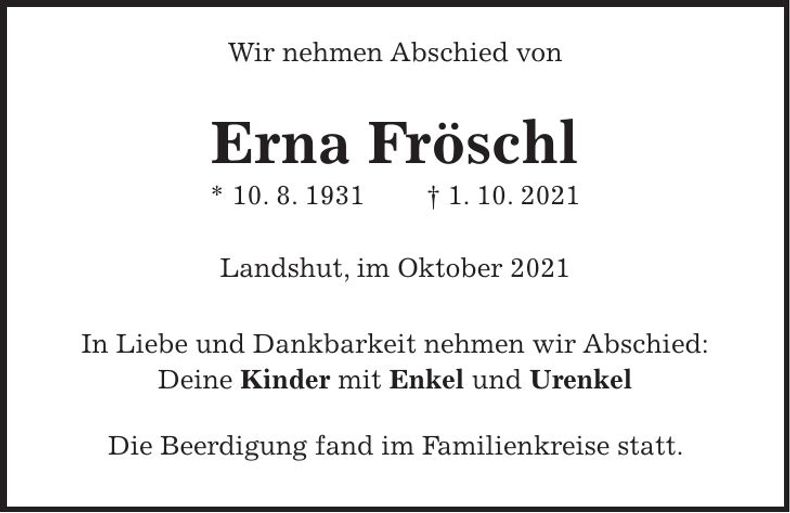 Traueranzeige Erna Fröschl