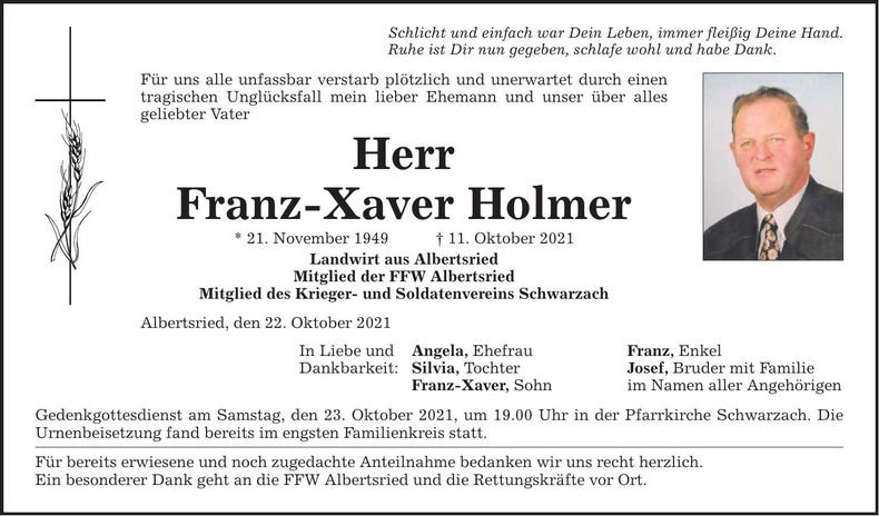 Traueranzeige Franz-Xaver Holmer