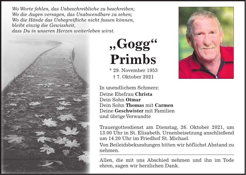 Traueranzeige Gogg Primbs