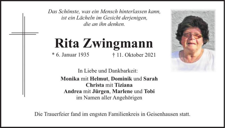 Traueranzeige Rita Zwingmann