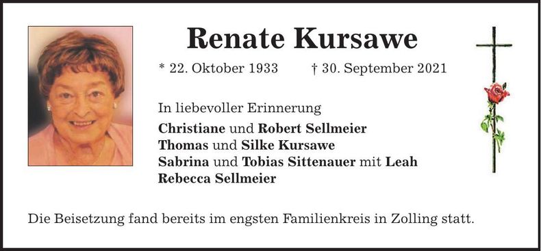 Traueranzeige Renate Kursawe