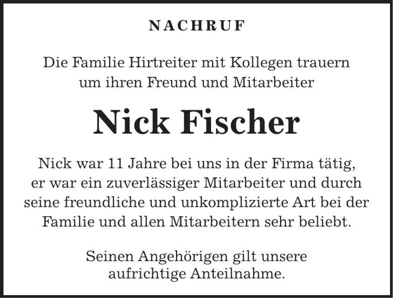 Traueranzeige Nick Fischer
