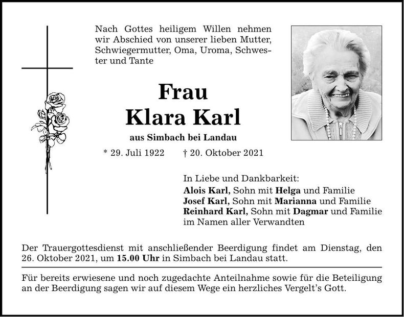 Traueranzeige Klara Karl