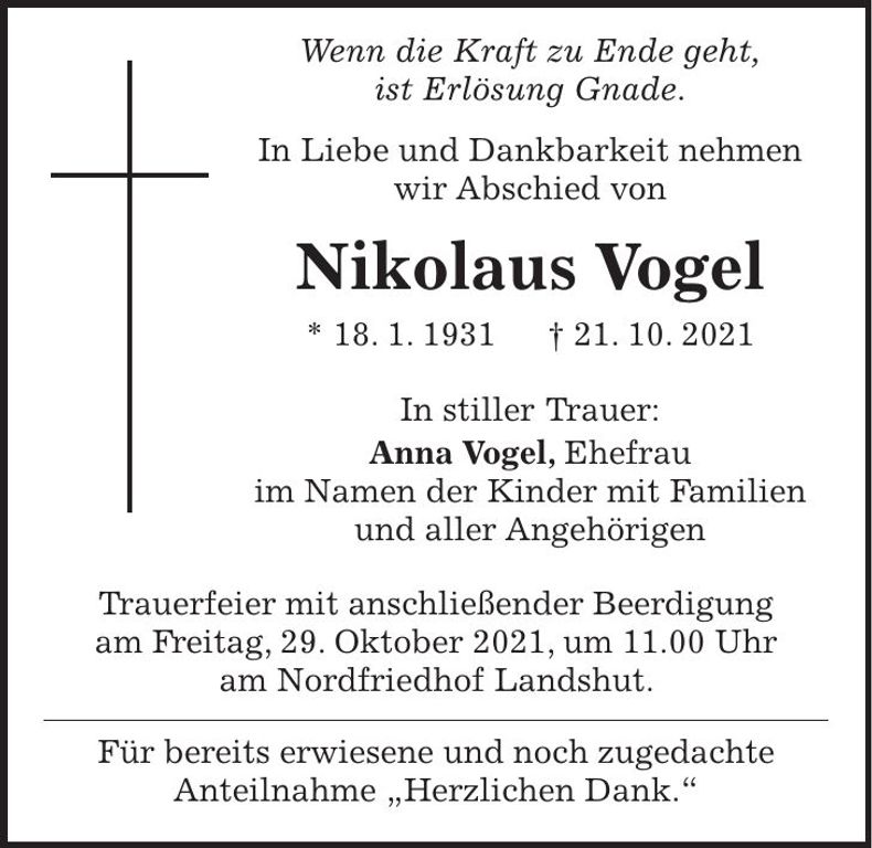 Traueranzeige Nikolaus Vogel