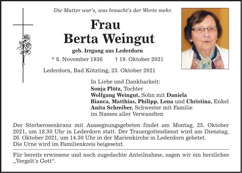 Traueranzeige Berta Weingut