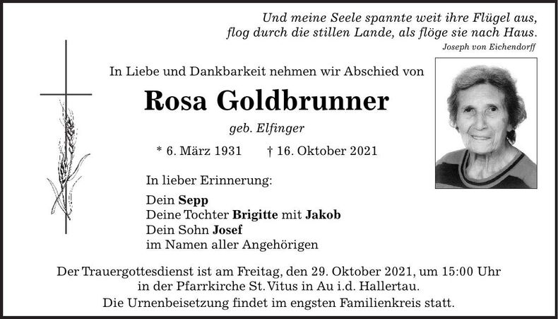 Traueranzeige Rosa Goldbrunner