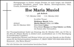 Traueranzeige Ilse Maria Musiol