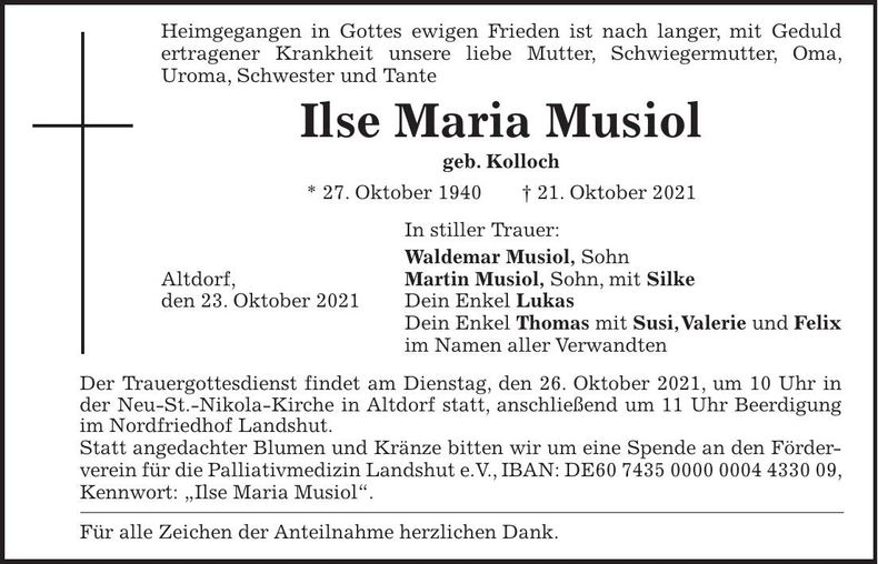 Traueranzeige Ilse Maria Musiol