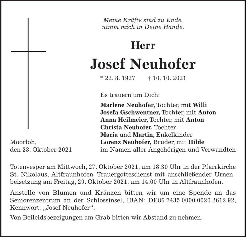 Traueranzeige Josef Neuhofer