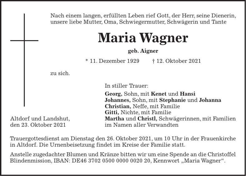 Traueranzeige Maria Wagner
