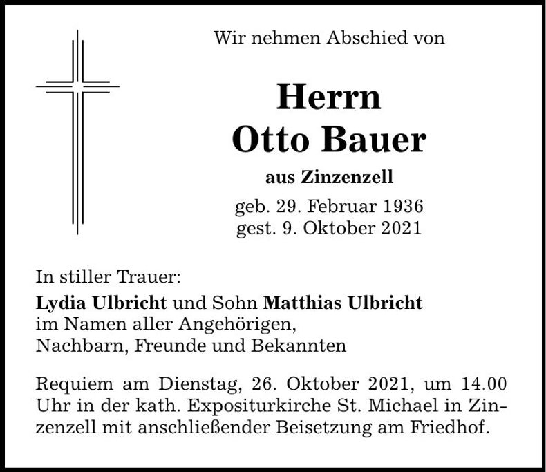 Traueranzeige Otto Bauer