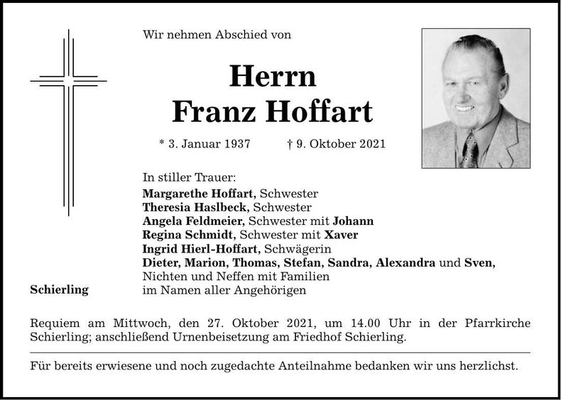 Traueranzeige Franz Hoffart