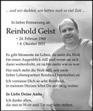 Traueranzeige Reinhold Geist