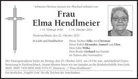 Traueranzeige Elma Hendlmeier